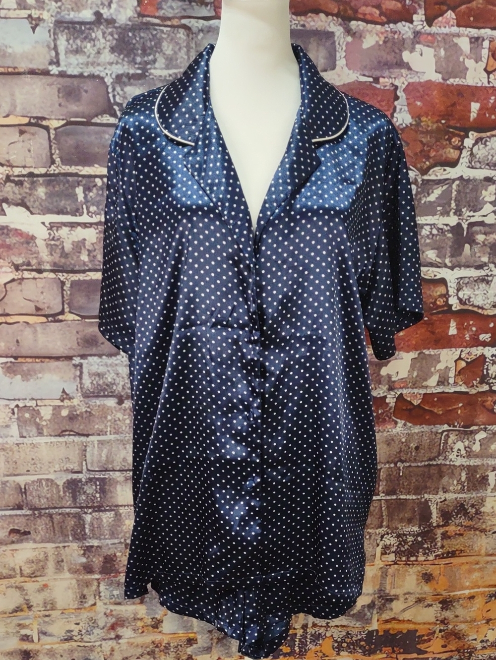 Navy Polka Dot Satin Short-Sleeve Pajama Set